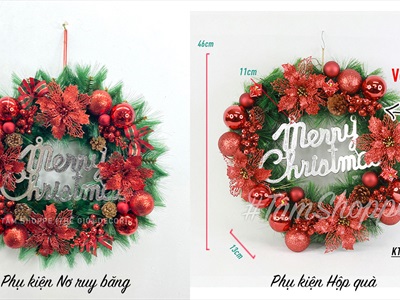 Vòng nguyệt quế Noel 4 hoa trạng nguyên kim tuyến ĐK45cm VNGQ-X-45